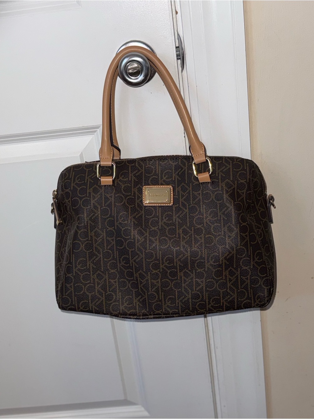 Calvin Klein Dark Brown Monogram Dome Satchel with Tan Handles